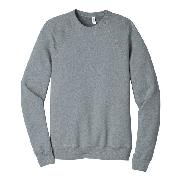 A Bella + Canvas athletic heather grey sponge fleece sweatshirt with long sleeves and a crew neck.
