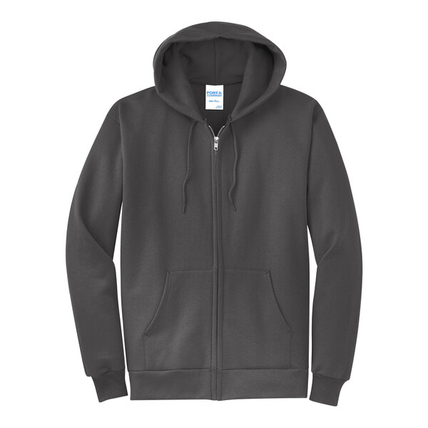 A charcoal zip up Port & Company Core Fleece hoodie.