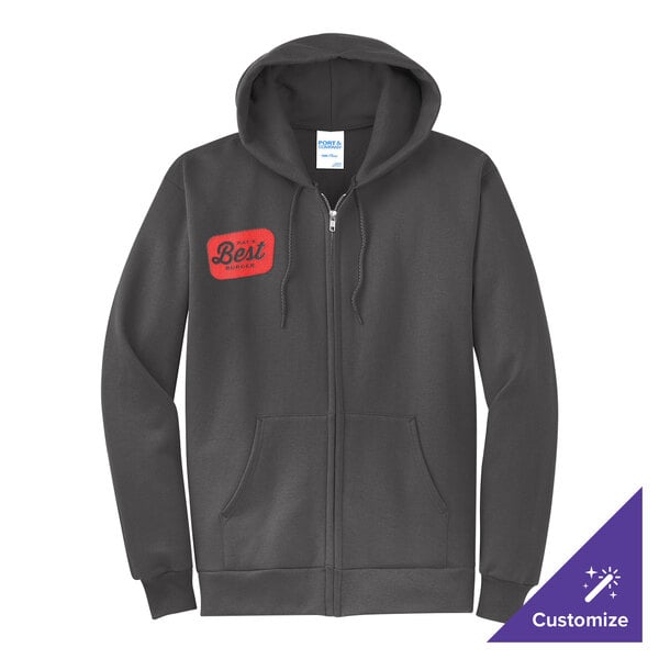 A charcoal gray full-zip hoodie sweatshirt with a small red patch on the chest and customizable options.