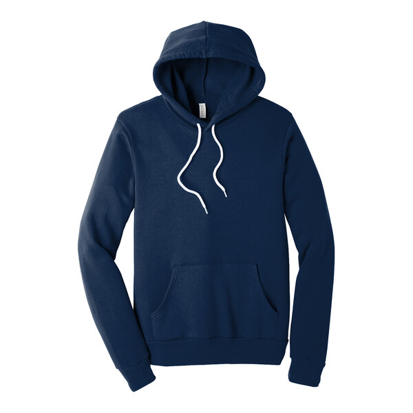 A navy Bella + Canvas hoodie with white drawstrings.