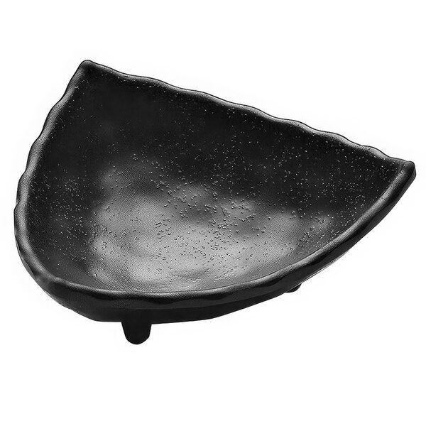 A black triangle shaped bowl with a white background.