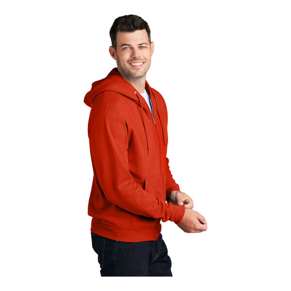 An orange Port & Company full-zip hoodie sweatshirt.