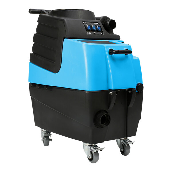 A blue and black Mytee HP90 Stingray automotive carpet cleaner on wheels.