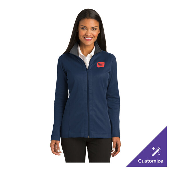 A women's customizable regatta blue and iron gray full-zip jacket in a poly/cotton blend, shown in size large.