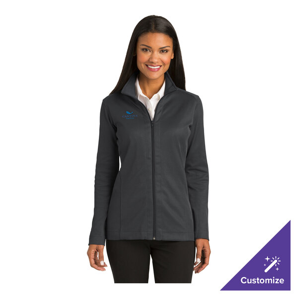 A women's iron gray and black full-zip jacket made from a poly/cotton blend, available in size 3X and customizable.