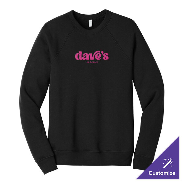 A black unisex crewneck sweatshirt with "dave's Ice Cream" printed in pink on the front.