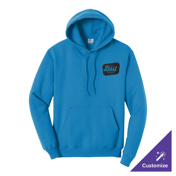A blue unisex pullover hoodie sweatshirt with a front pocket and a small chest graphic, designed for customization.