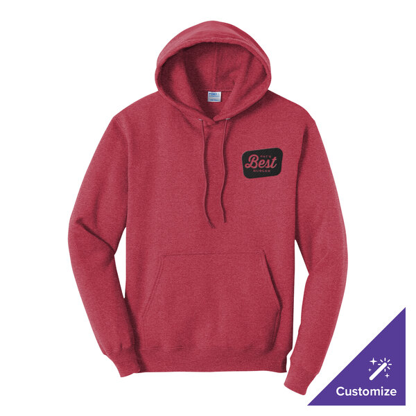 A heather red unisex pullover hoodie sweatshirt with a front pocket and a customizable design on the chest.