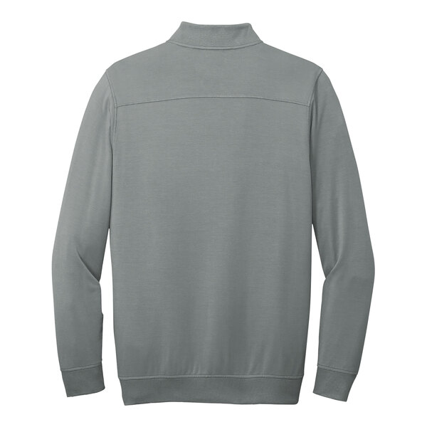 A TravisMathew Quiet Shade grey fleece quarter-zip pullover sweatshirt.