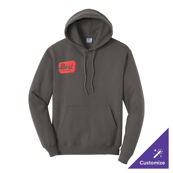 A charcoal gray unisex pullover hoodie sweatshirt with a front pocket and a small red graphic on the chest, available for customization.