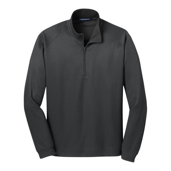 An iron gray and black Port Authority 1/4 zip pullover with a vertical texture and zipper.