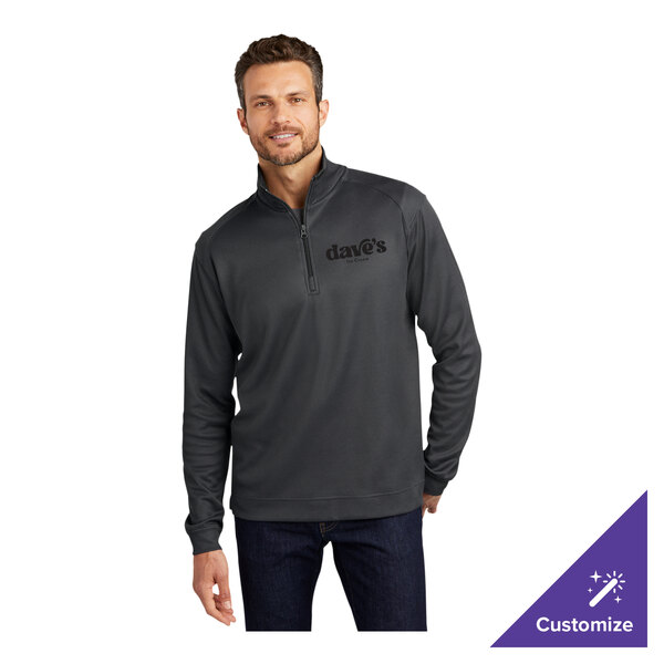 A unisex iron gray and black quarter-zip pullover sweater with a customizable logo on the chest.