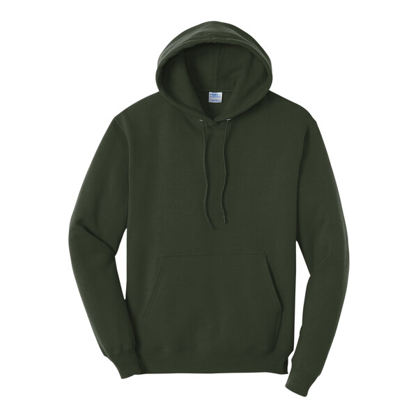A Port & Company olive green pullover hoodie with a hood.