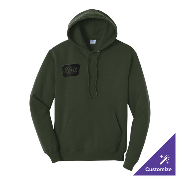 A medium olive green unisex pullover hoodie sweatshirt with a front pocket and a small patch on the chest, made from a cotton and polyester blend.