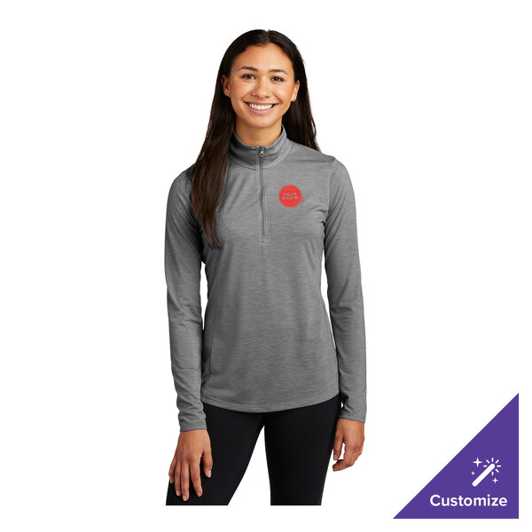 A women's medium dark gray heather quarter-zip pullover sweatshirt with a customizable red logo on the chest.