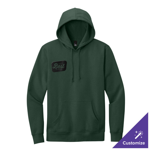 A forest green unisex fleece hoodie sweatshirt with a customizable patch on the chest.