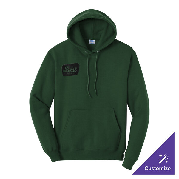 A dark green unisex pullover hoodie sweatshirt with a front pocket and customizable design.