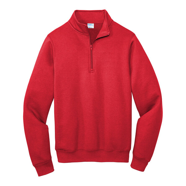 A red Port & Company quarter-zip fleece sweatshirt.