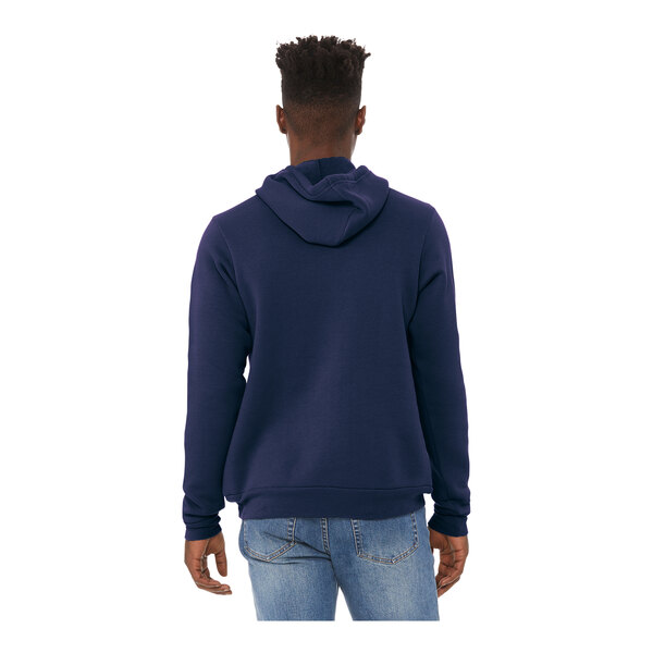 A man wearing a navy Bella + Canvas sponge fleece hoodie.