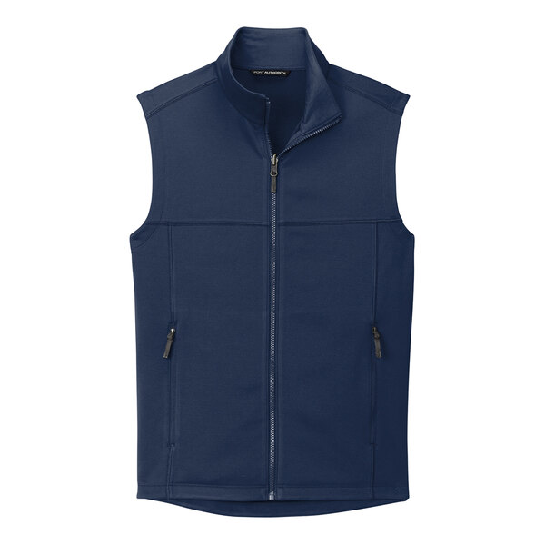 A navy blue Port Authority fleece vest with a zipper.