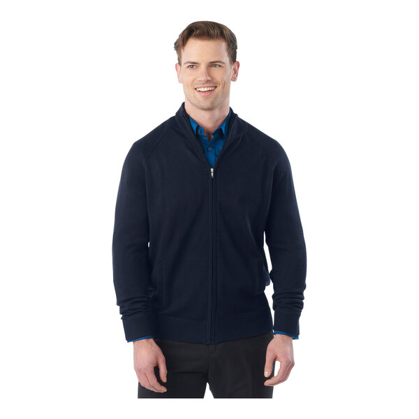 A man wearing a navy Edwards full-zip sweater jacket.