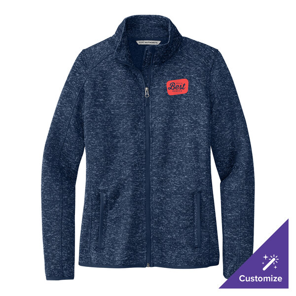 A women's river blue navy heather sweater jacket with a customizable patch on the chest.