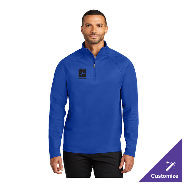 A royal blue unisex quarter-zip sweatshirt with a customizable logo on the left chest.
