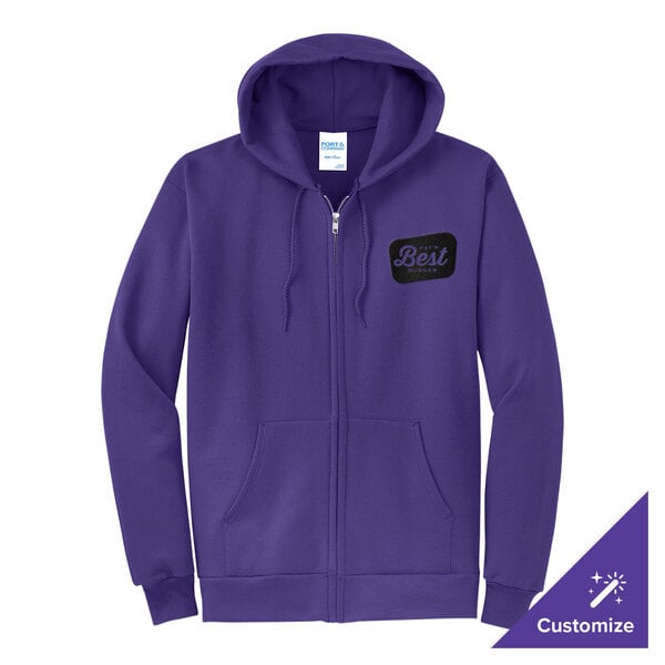 A purple full-zip hoodie sweatshirt with a customizable design on the chest.