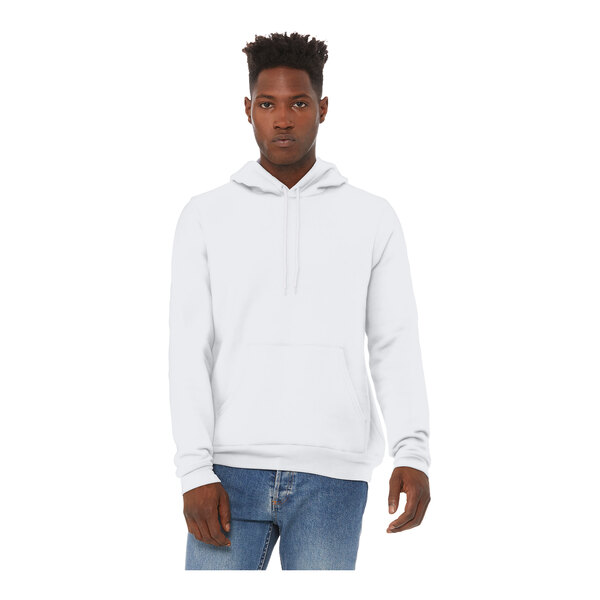 A man wearing a white Bella + Canvas sponge fleece pullover hoodie.