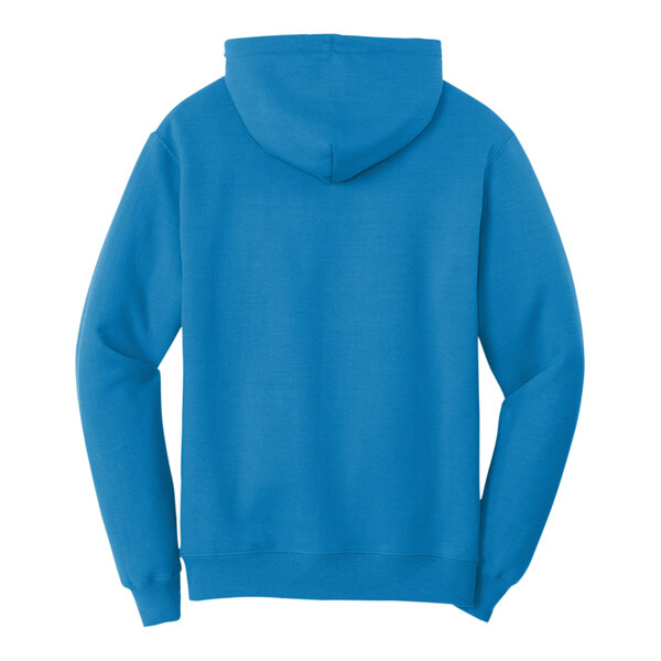 A blue Port & Company Core Fleece pullover hoodie with white drawstrings.