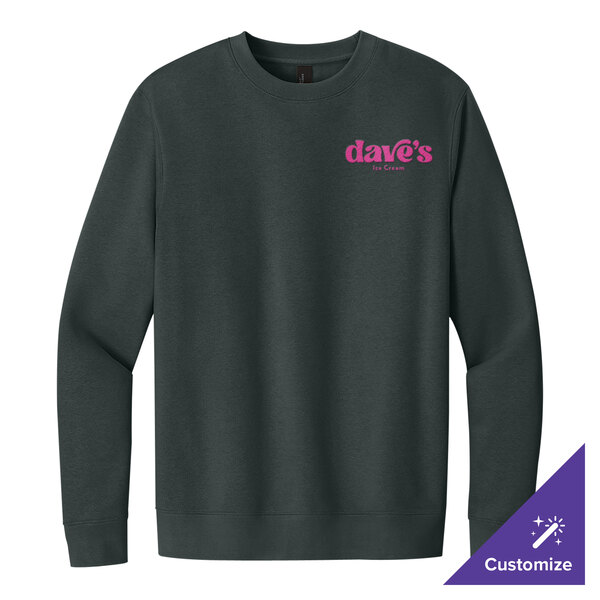 A charcoal unisex crewneck sweatshirt with a small pink 'dave's Ice Cream' logo on the left chest.