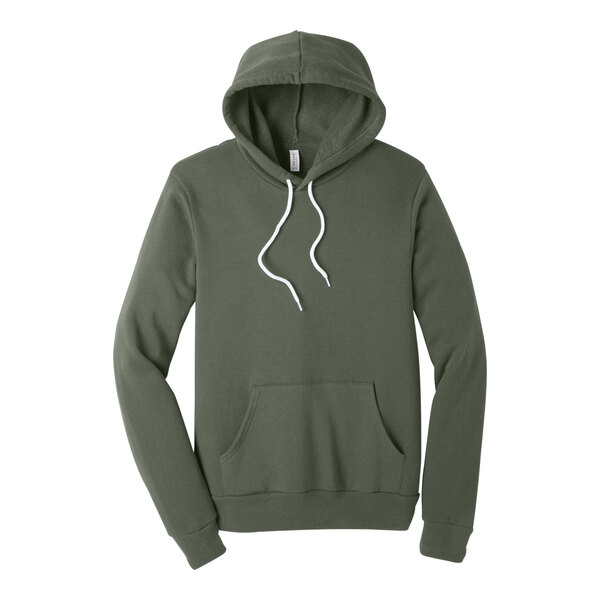A military green sweatshirt with white strings.