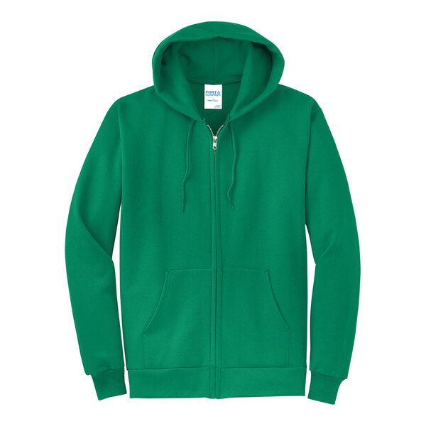 A Port & Company Kelly green zip up hoodie.