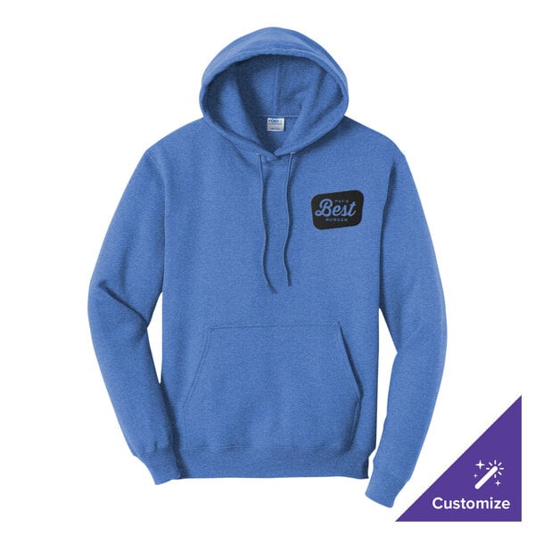 A blue unisex pullover hoodie sweatshirt with a front pocket and a small customizable logo on the chest.