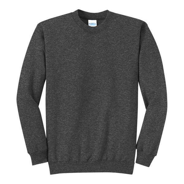 A dark heather grey Port & Company crewneck sweatshirt with long sleeves.