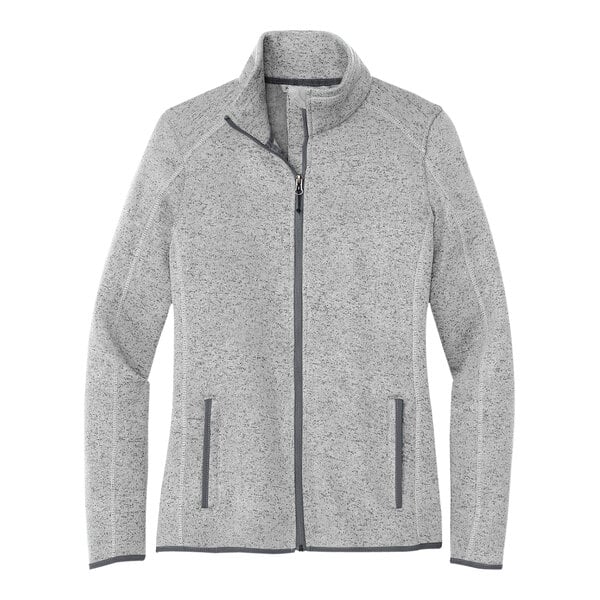 A Port Authority women's gray fleece sweater jacket with a zipper.