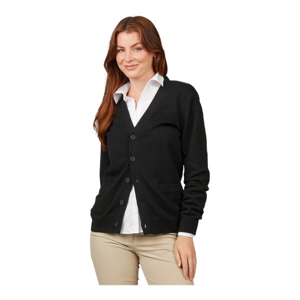 A black, button-up, unisex jersey knit cardigan made from a cotton blend, shown in size large.