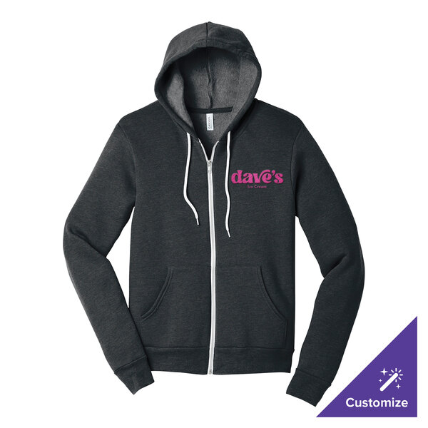 A dark gray heather full-zip hoodie sweatshirt with a hood, white drawstrings, and a customizable logo on the chest.