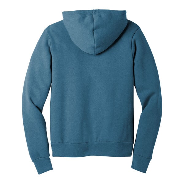 A Bella + Canvas unisex deep teal sponge fleece pullover hoodie with a hood.