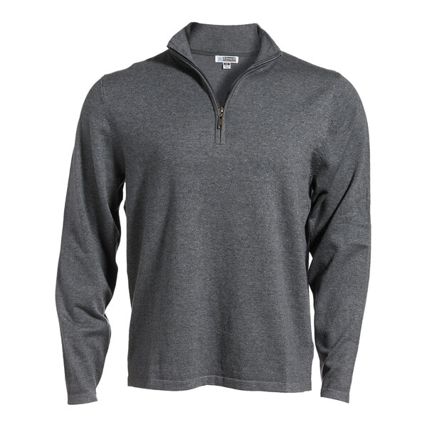 A smoke heather quarter-zip sweater in grey made from a cotton blend.