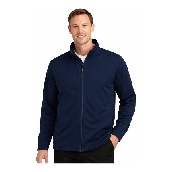 A navy blue unisex full-zip fleece jacket.