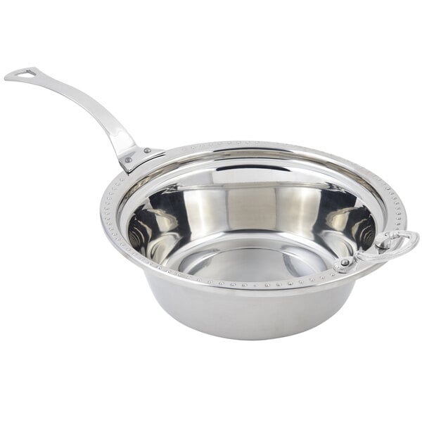 A Bon Chef stainless steel casserole food pan with a long handle.