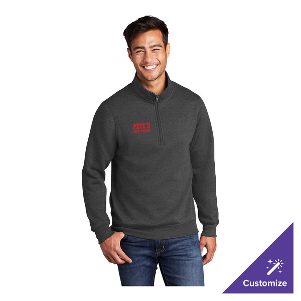 A dark heather gray unisex quarter-zip pullover sweatshirt made from a cotton and polyester blend, shown with customizable text on the chest.