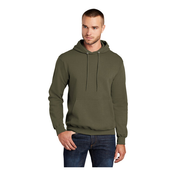 An olive drab green Port & Company Core Fleece pullover hoodie worn by a man.