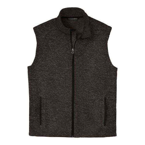 A Port Authority black fleece sweater vest with a zipper.