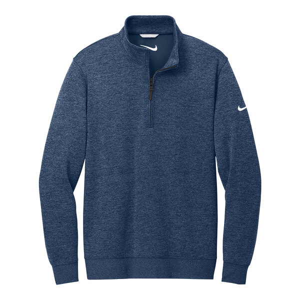A Nike navy blue Dri-FIT half-zip sweater with a white swoosh on it.
