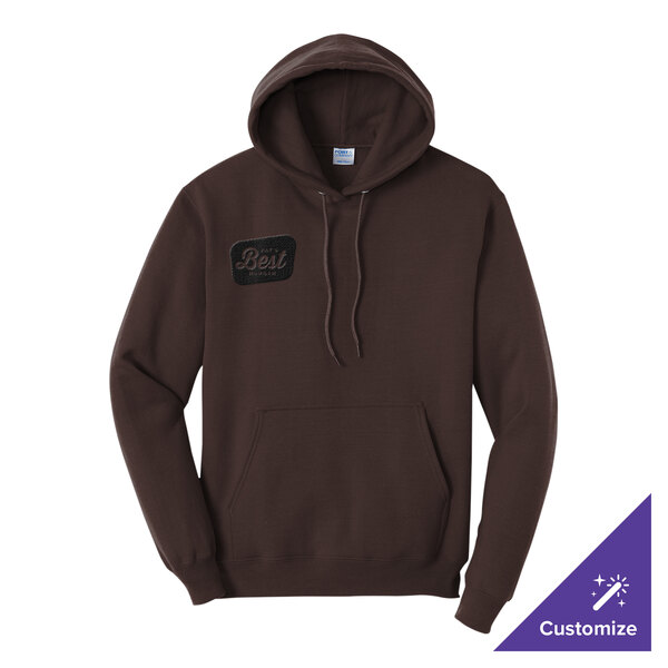 A dark chocolate brown unisex pullover hoodie sweatshirt with a front pocket and customizable design.