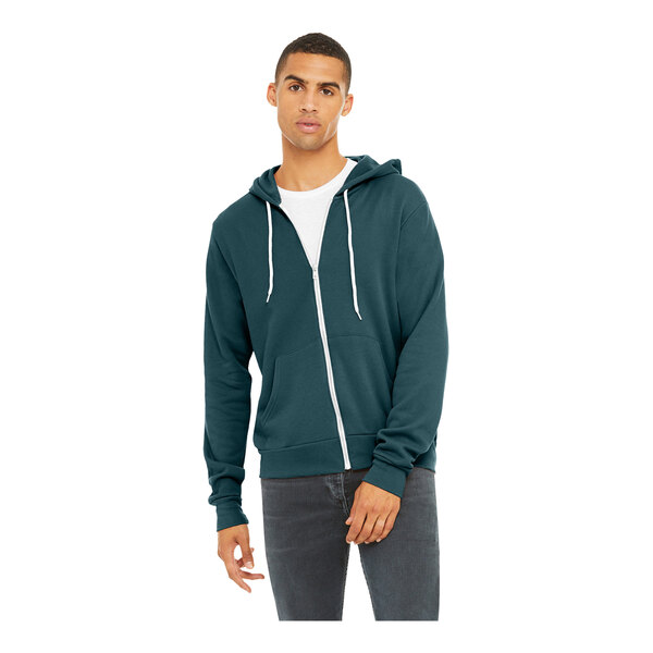 A man wearing an Atlantic blue zip-up hoodie.