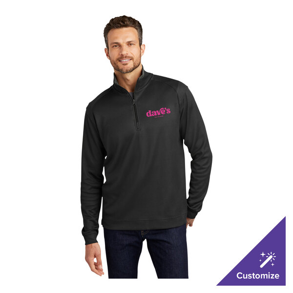 A black and iron gray unisex quarter-zip pullover sweater with a customizable logo on the chest.