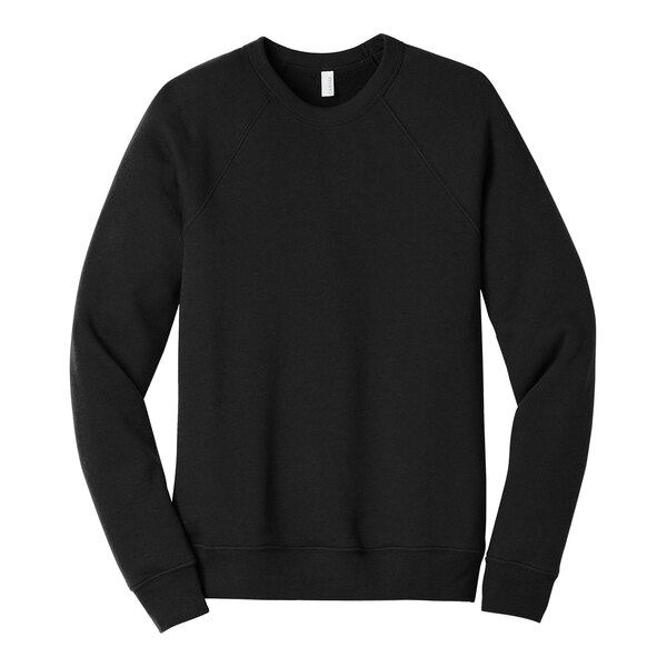 A Bella + Canvas black sponge fleece raglan sweatshirt with white sleeves.